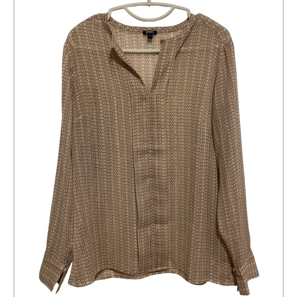 Express Relaxed Portofino Geometric Gold Threaded Long Sleeve Sheer Blouse - Picture 1 of 6